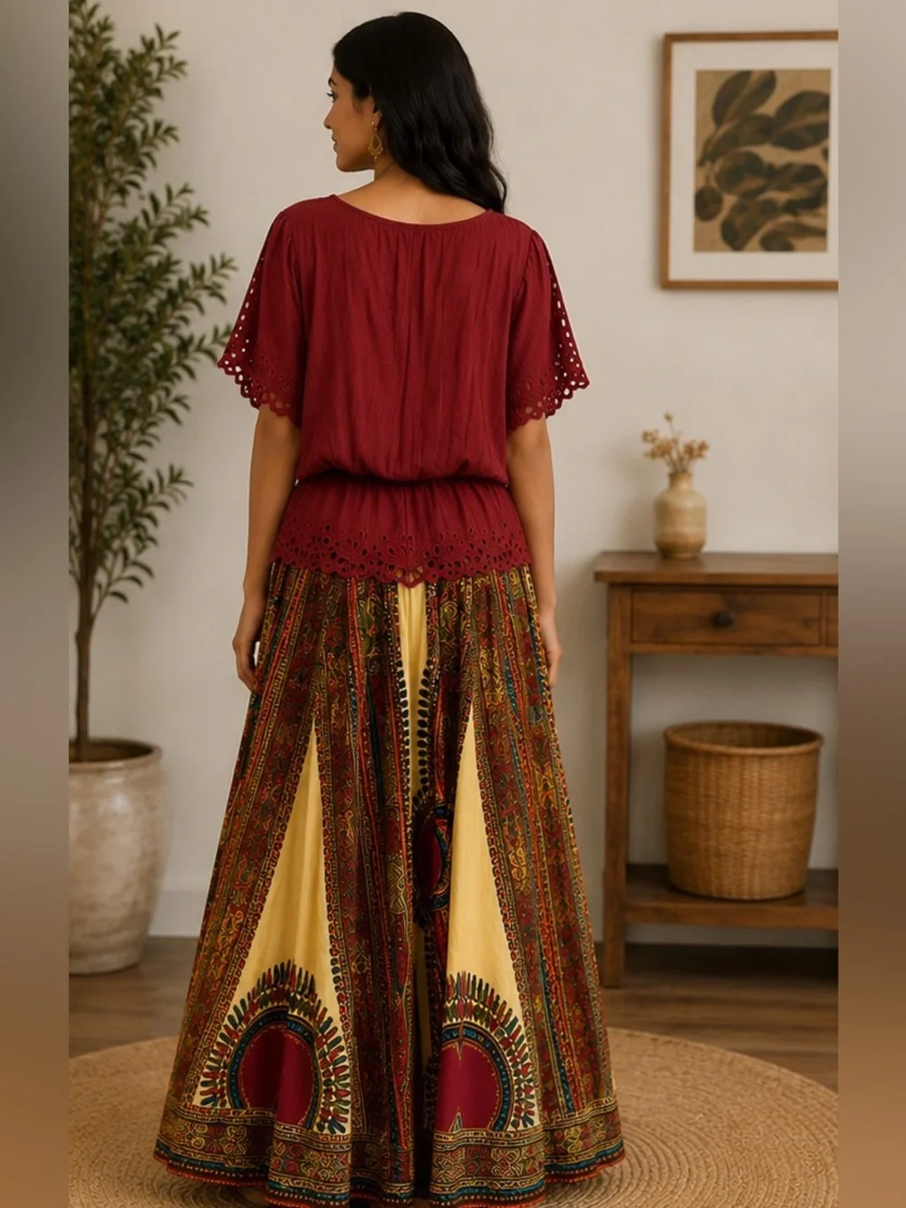 NF Boho Cotton Maxi Skirt & Embroidered Top Set OS Multicolor - Picture 4 of 9